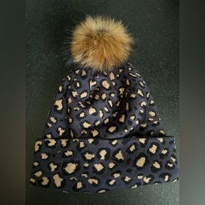 Leopard Print Winter Cap with Genuine Fox Fur Pom Pom